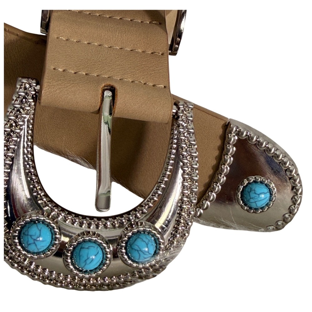 Western Tan Belt Silver Turquoise Buckle Set Southwestern Cowgirl Size XS